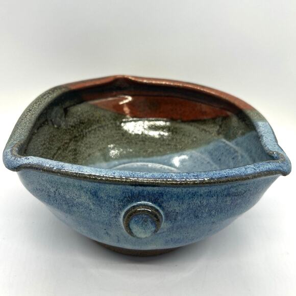 Studio Art Pottery Signed Randi Lile 3 Toned Drip Glaze Blue Brown Rust Dish - Picture 2 of 11